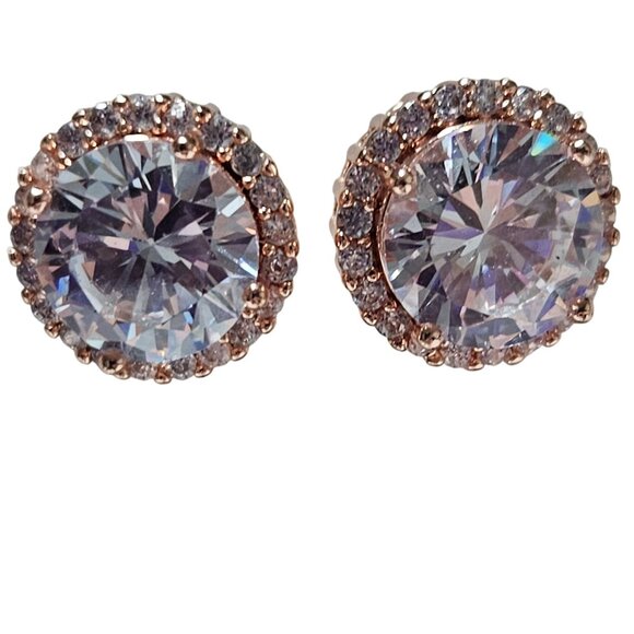 Elegant Rose Gold Plated Halo Stud Earrings Clear Cubic Zirconia Stones Jewelry - Picture 1 of 3